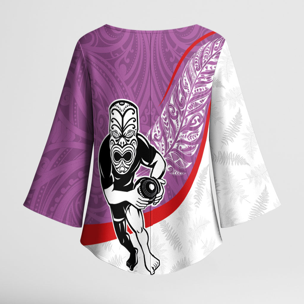 Personalised Aotearoa Lawn Bowls Kimono Sleeve Blouse Maori Warrior and Silver Fern Sporty Style Pink