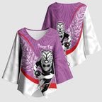 Personalised Aotearoa Lawn Bowls Kimono Sleeve Blouse Maori Warrior and Silver Fern Sporty Style Pink