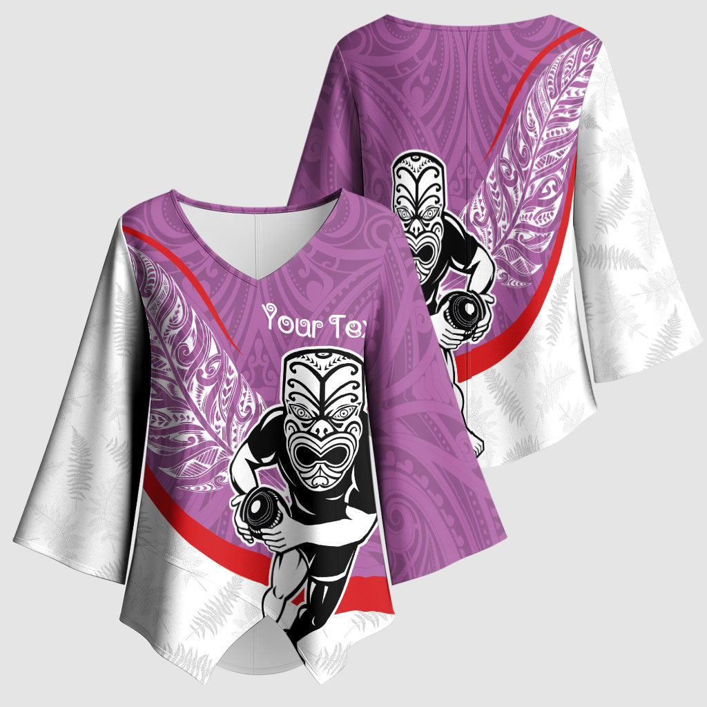 Personalised Aotearoa Lawn Bowls Kimono Sleeve Blouse Maori Warrior and Silver Fern Sporty Style Pink