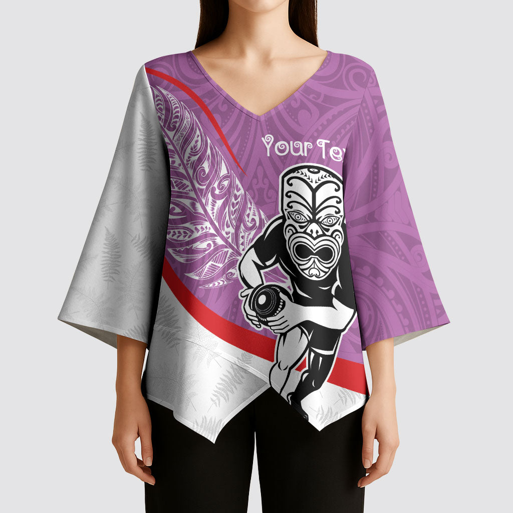 Personalised Aotearoa Lawn Bowls Kimono Sleeve Blouse Maori Warrior and Silver Fern Sporty Style Pink