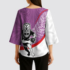Personalised Aotearoa Lawn Bowls Kimono Sleeve Blouse Maori Warrior and Silver Fern Sporty Style Pink