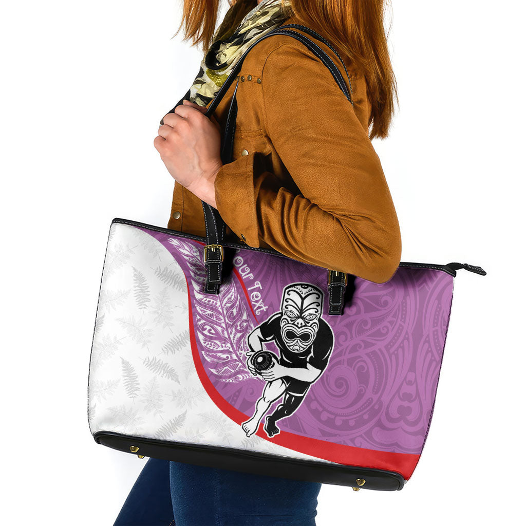 Personalised Aotearoa Lawn Bowls Leather Tote Bag Maori Warrior and Silver Fern Sporty Style Pink