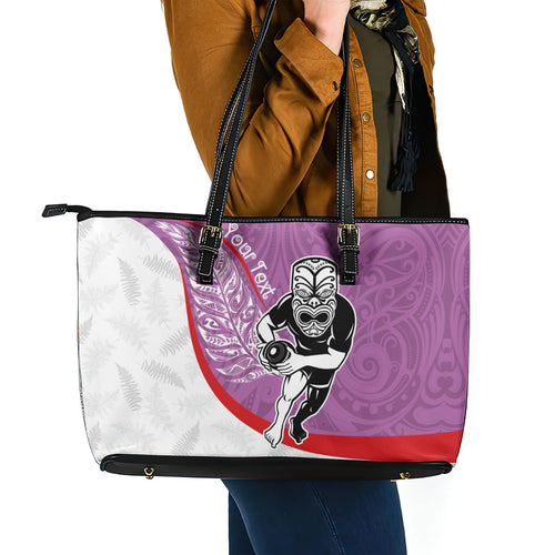 Personalised Aotearoa Lawn Bowls Leather Tote Bag Maori Warrior and Silver Fern Sporty Style Pink