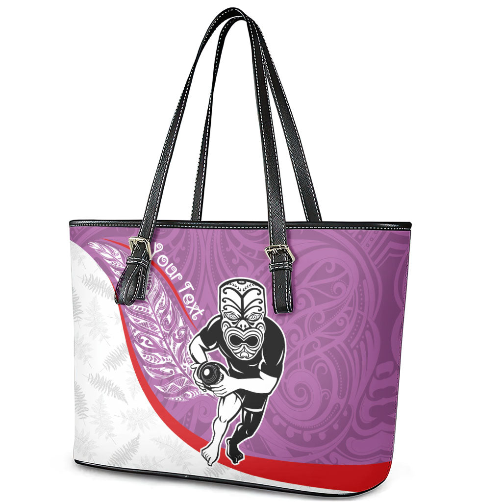 Personalised Aotearoa Lawn Bowls Leather Tote Bag Maori Warrior and Silver Fern Sporty Style Pink