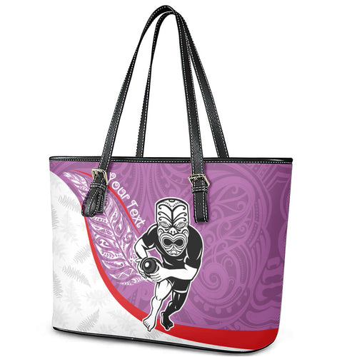 Personalised Aotearoa Lawn Bowls Leather Tote Bag Maori Warrior and Silver Fern Sporty Style Pink