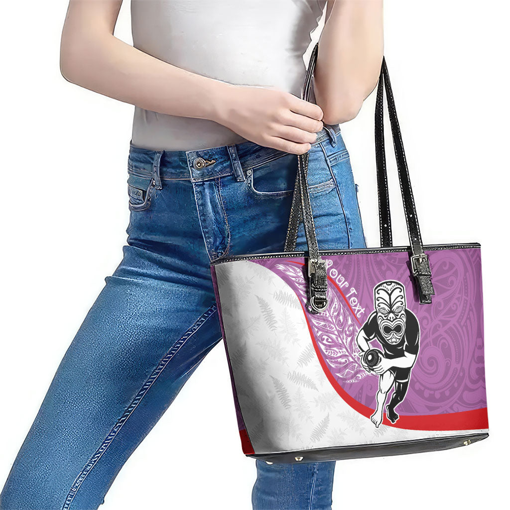 Personalised Aotearoa Lawn Bowls Leather Tote Bag Maori Warrior and Silver Fern Sporty Style Pink