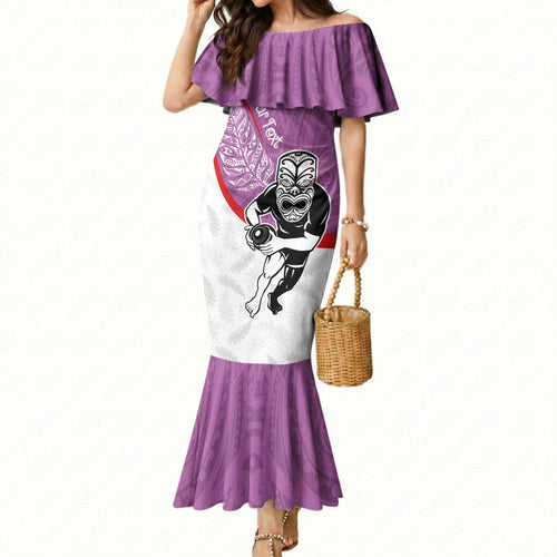 Personalised Aotearoa Lawn Bowls Mermaid Dress Maori Warrior and Silver Fern Sporty Style Pink