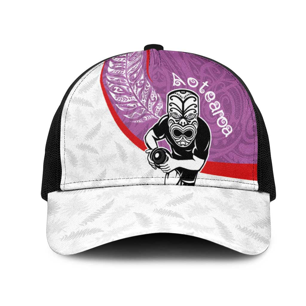 Aotearoa Lawn Bowls Mesh Trucker Cap Maori Warrior and Silver Fern Sporty Style Pink