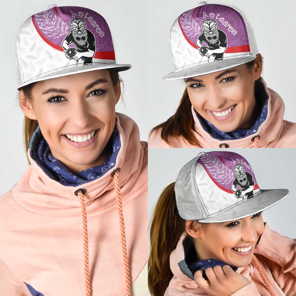 Aotearoa Lawn Bowls Mesh Trucker Cap Maori Warrior and Silver Fern Sporty Style Pink