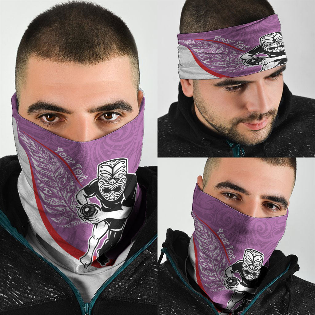 Personalised Aotearoa Lawn Bowls Neck Gaiter Maori Warrior and Silver Fern Sporty Style Pink