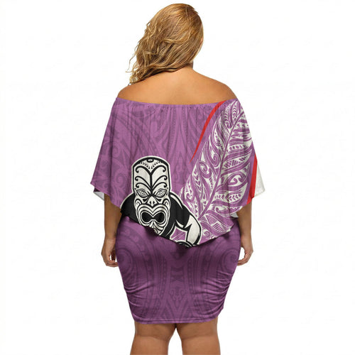 Personalised Aotearoa Lawn Bowls Off Shoulder Short Dress Maori Warrior and Silver Fern Sporty Style Pink