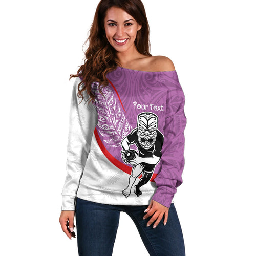 Personalised Aotearoa Lawn Bowls Off Shoulder Sweater Maori Warrior and Silver Fern Sporty Style Pink