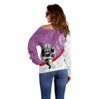 Personalised Aotearoa Lawn Bowls Off Shoulder Sweater Maori Warrior and Silver Fern Sporty Style Pink