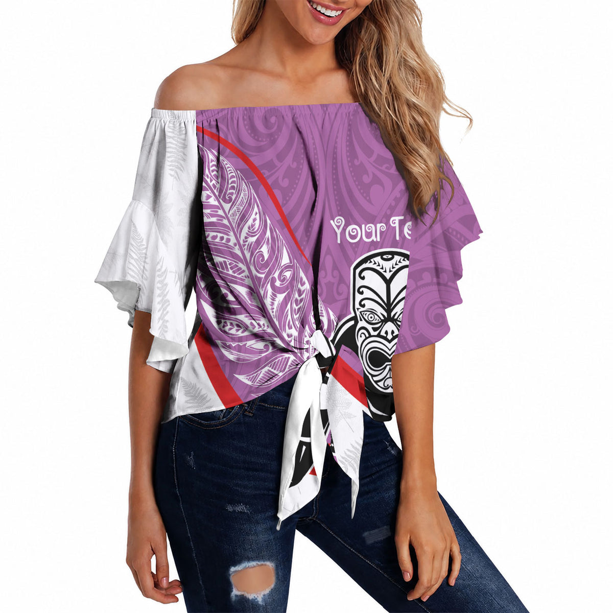 Personalised Aotearoa Lawn Bowls Off Shoulder Wrap Waist Top Maori Warrior and Silver Fern Sporty Style Pink