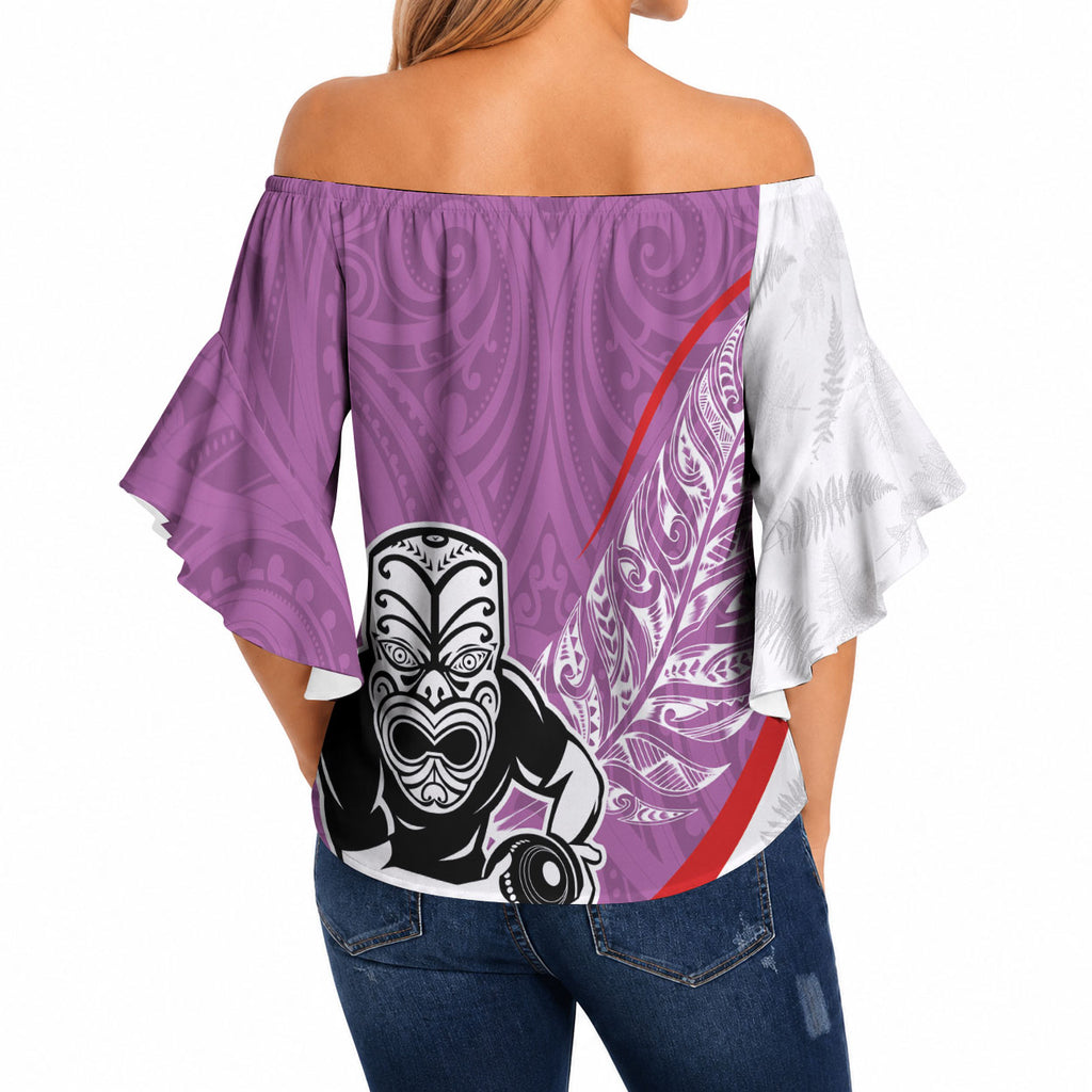 Personalised Aotearoa Lawn Bowls Off Shoulder Wrap Waist Top Maori Warrior and Silver Fern Sporty Style Pink