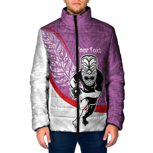 Personalised Aotearoa Lawn Bowls Padded Jacket Maori Warrior and Silver Fern Sporty Style Pink