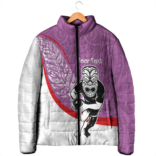 Personalised Aotearoa Lawn Bowls Padded Jacket Maori Warrior and Silver Fern Sporty Style Pink