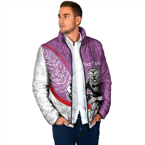 Personalised Aotearoa Lawn Bowls Padded Jacket Maori Warrior and Silver Fern Sporty Style Pink