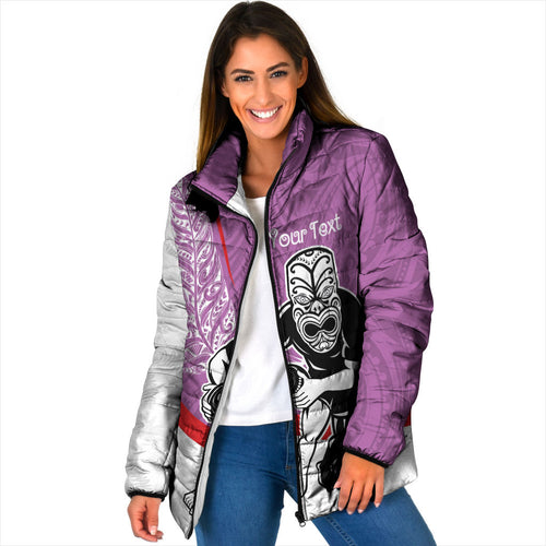 Personalised Aotearoa Lawn Bowls Padded Jacket Maori Warrior and Silver Fern Sporty Style Pink