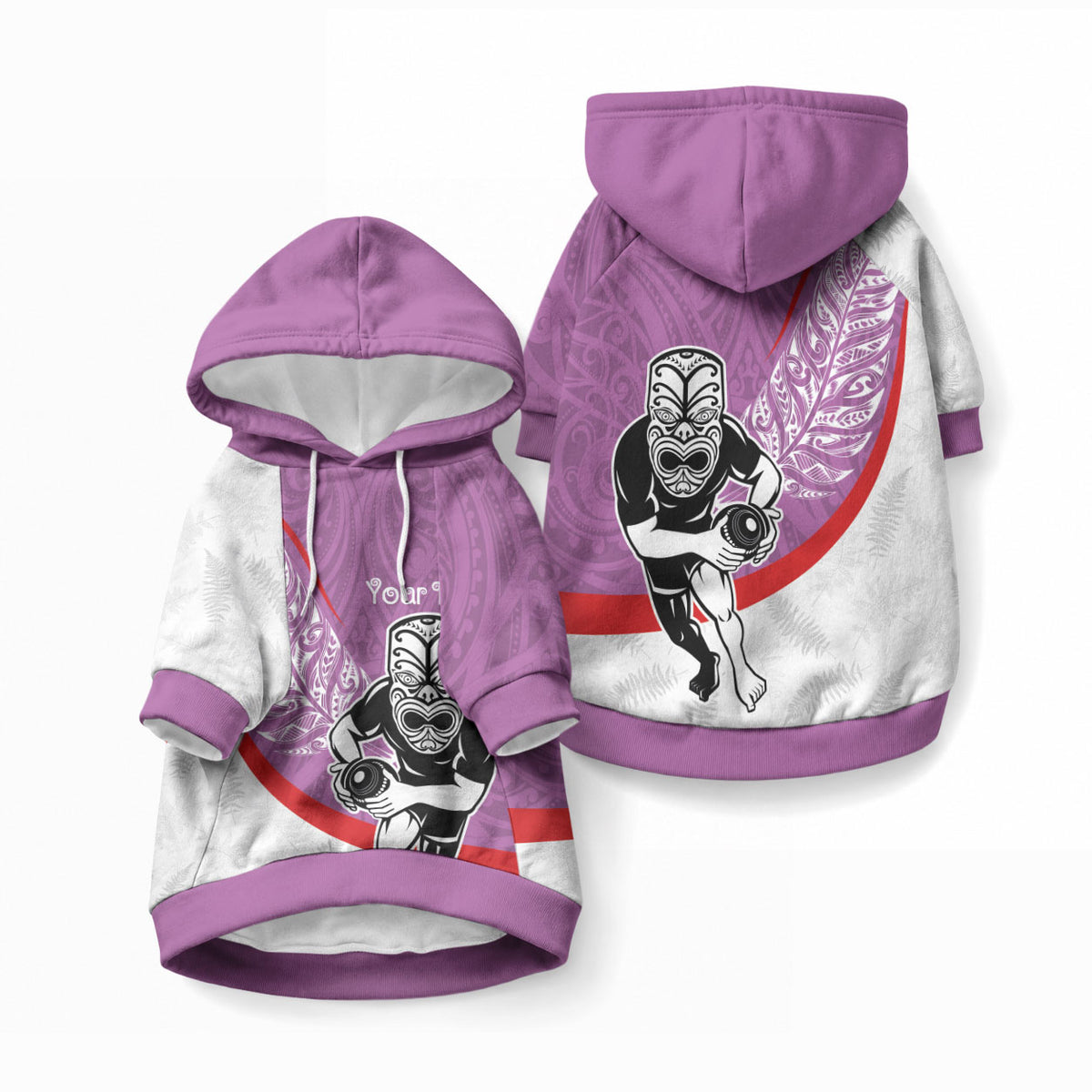 Personalised Aotearoa Lawn Bowls Pet Hoodie Maori Warrior and Silver Fern Sporty Style Pink