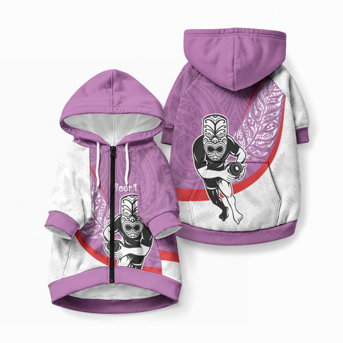 Personalised Aotearoa Lawn Bowls Pet Hoodie Maori Warrior and Silver Fern Sporty Style Pink