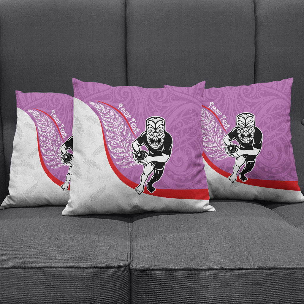 Personalised Aotearoa Lawn Bowls Pillow Cover Maori Warrior and Silver Fern Sporty Style Pink