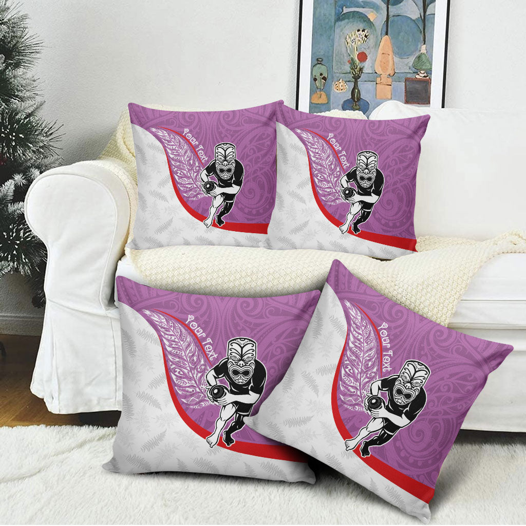 Personalised Aotearoa Lawn Bowls Pillow Cover Maori Warrior and Silver Fern Sporty Style Pink