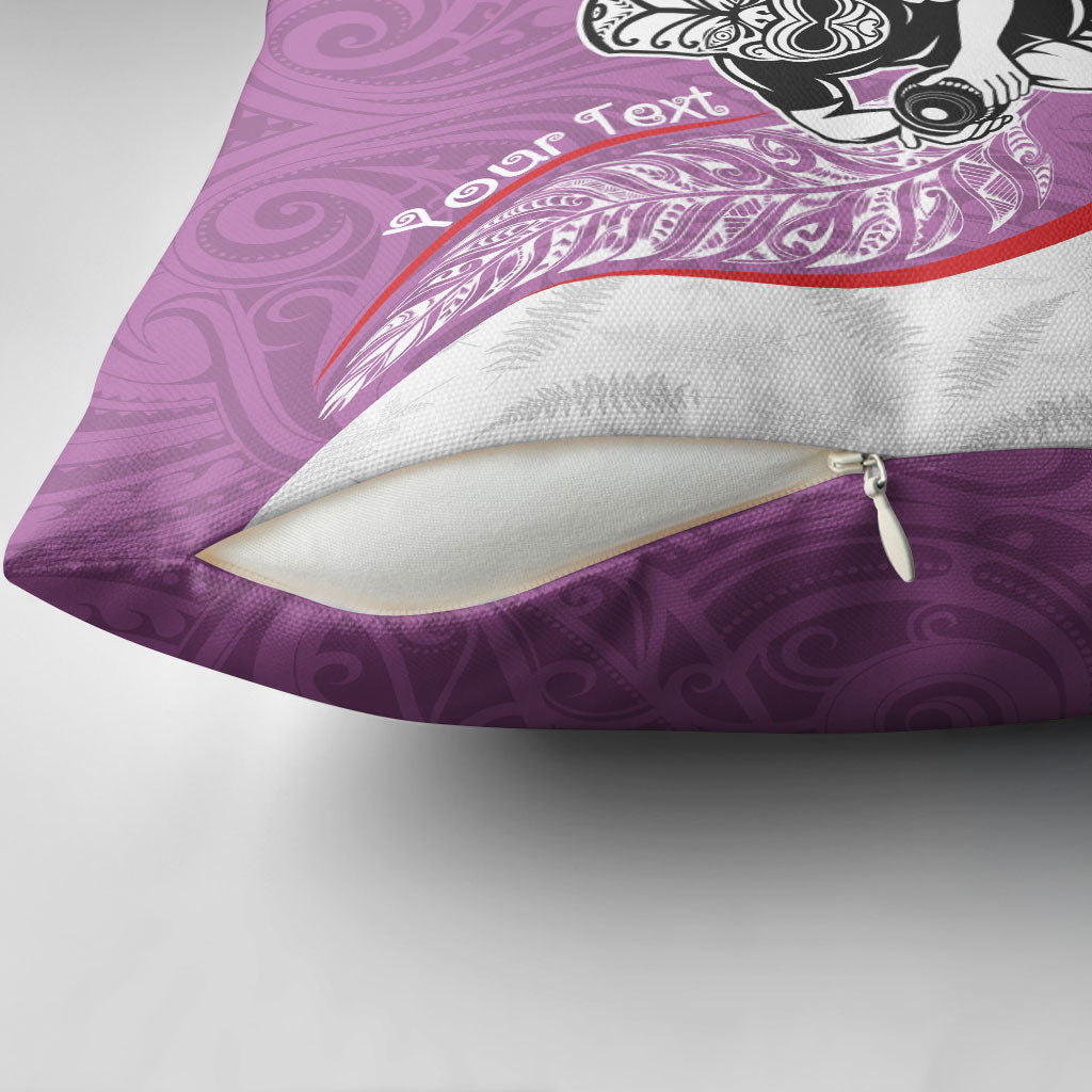 Personalised Aotearoa Lawn Bowls Pillow Cover Maori Warrior and Silver Fern Sporty Style Pink