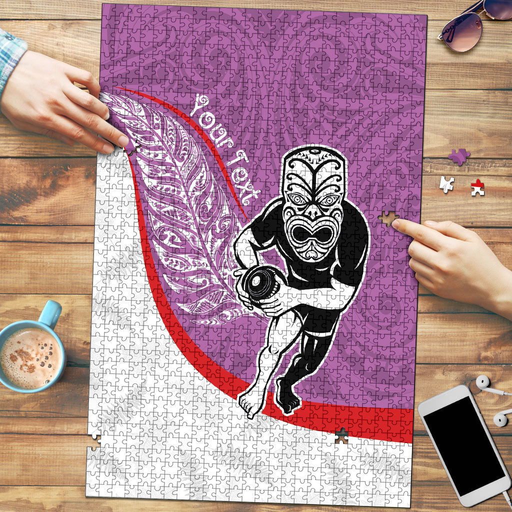 Personalised Aotearoa Lawn Bowls Puzzle Maori Warrior and Silver Fern Sporty Style Pink