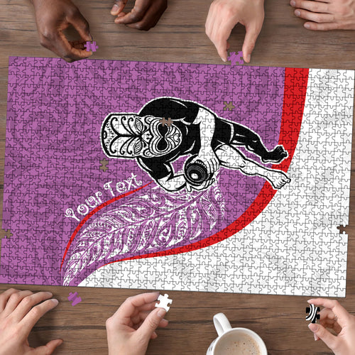 Personalised Aotearoa Lawn Bowls Puzzle Maori Warrior and Silver Fern Sporty Style Pink