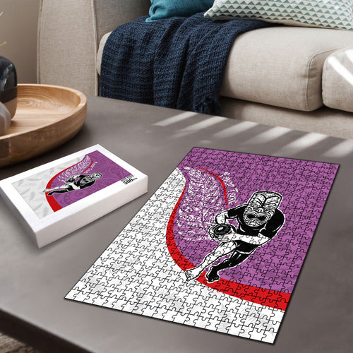 Personalised Aotearoa Lawn Bowls Puzzle Maori Warrior and Silver Fern Sporty Style Pink