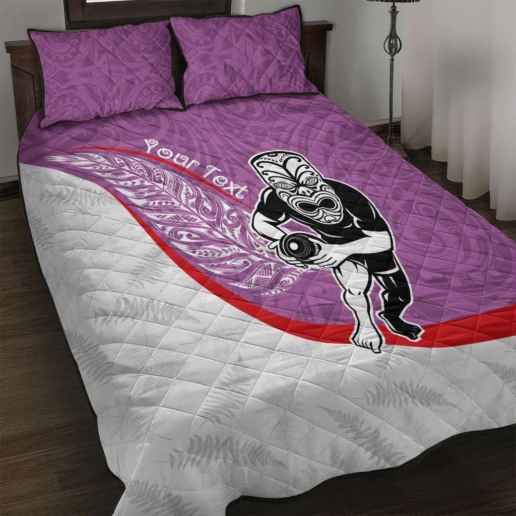 Personalised Aotearoa Lawn Bowls Quilt Bed Set Maori Warrior and Silver Fern Sporty Style Pink