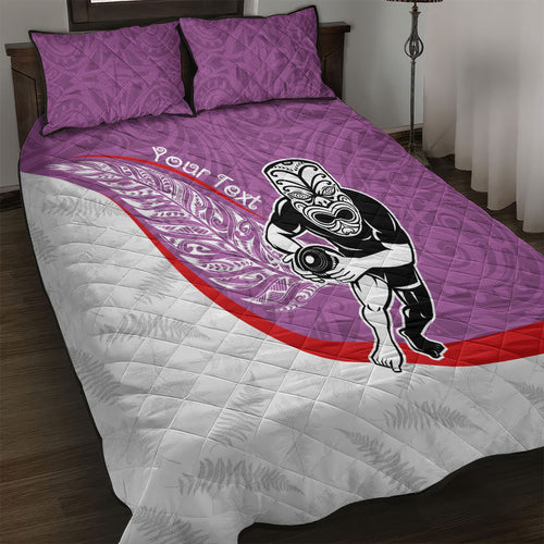 Personalised Aotearoa Lawn Bowls Quilt Bed Set Maori Warrior and Silver Fern Sporty Style Pink