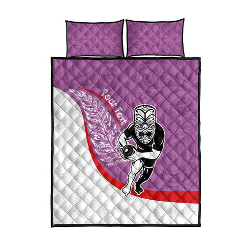 Personalised Aotearoa Lawn Bowls Quilt Bed Set Maori Warrior and Silver Fern Sporty Style Pink