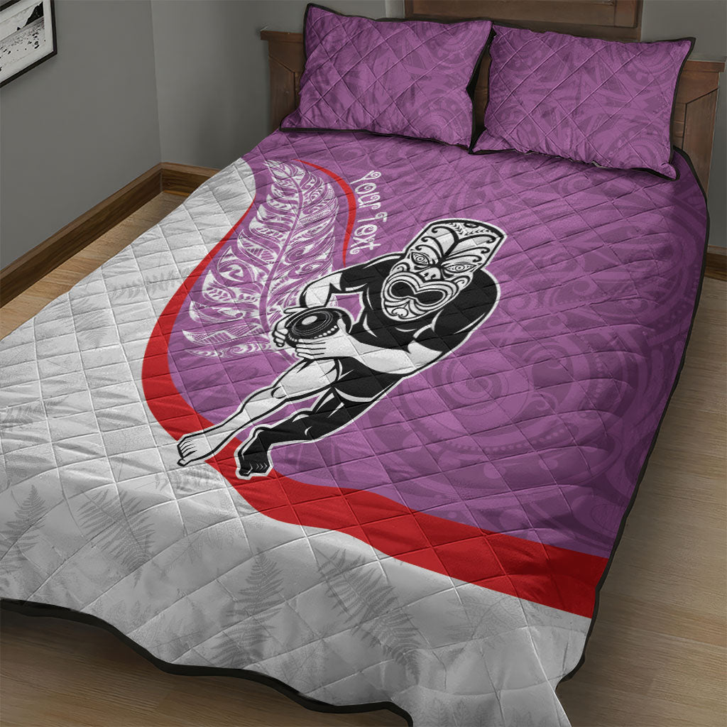 Personalised Aotearoa Lawn Bowls Quilt Bed Set Maori Warrior and Silver Fern Sporty Style Pink