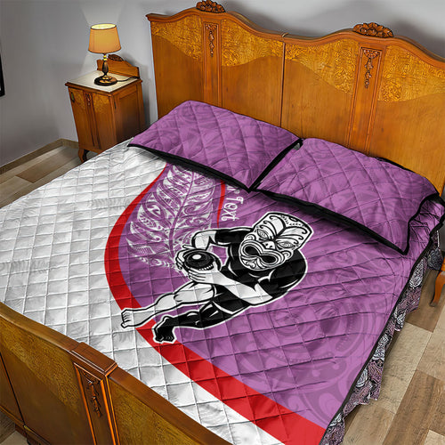Personalised Aotearoa Lawn Bowls Quilt Bed Set Maori Warrior and Silver Fern Sporty Style Pink