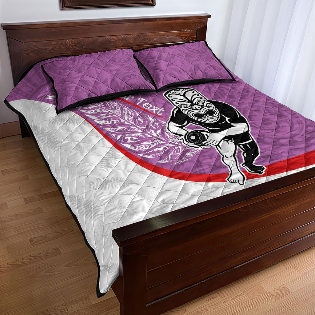 Personalised Aotearoa Lawn Bowls Quilt Bed Set Maori Warrior and Silver Fern Sporty Style Pink