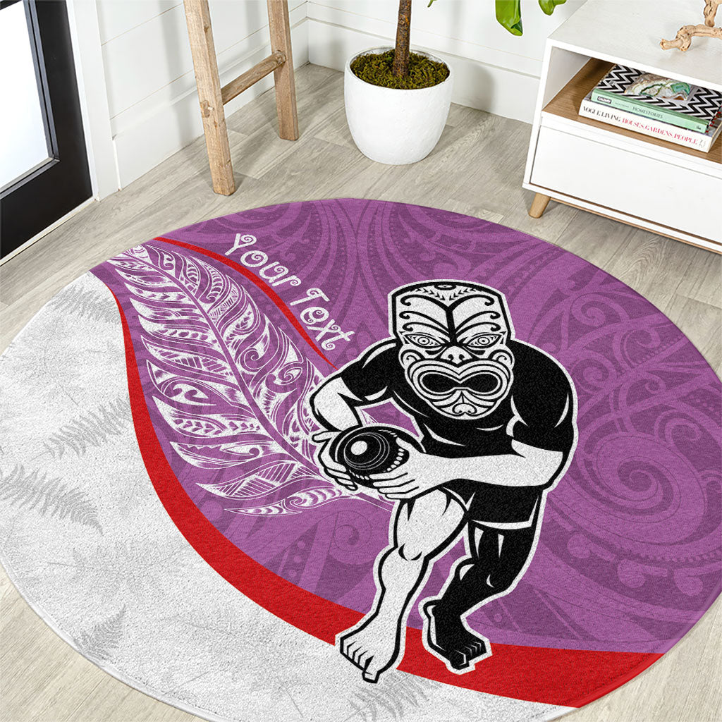 Personalised Aotearoa Lawn Bowls Round Carpet Maori Warrior and Silver Fern Sporty Style Pink