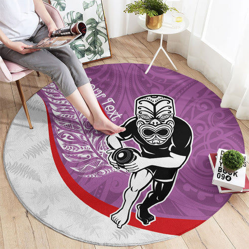 Personalised Aotearoa Lawn Bowls Round Carpet Maori Warrior and Silver Fern Sporty Style Pink