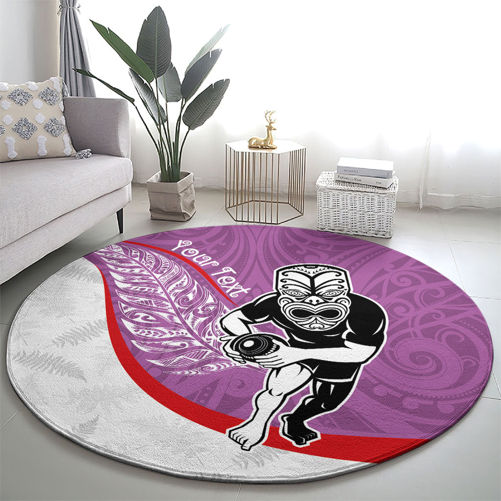 Personalised Aotearoa Lawn Bowls Round Carpet Maori Warrior and Silver Fern Sporty Style Pink