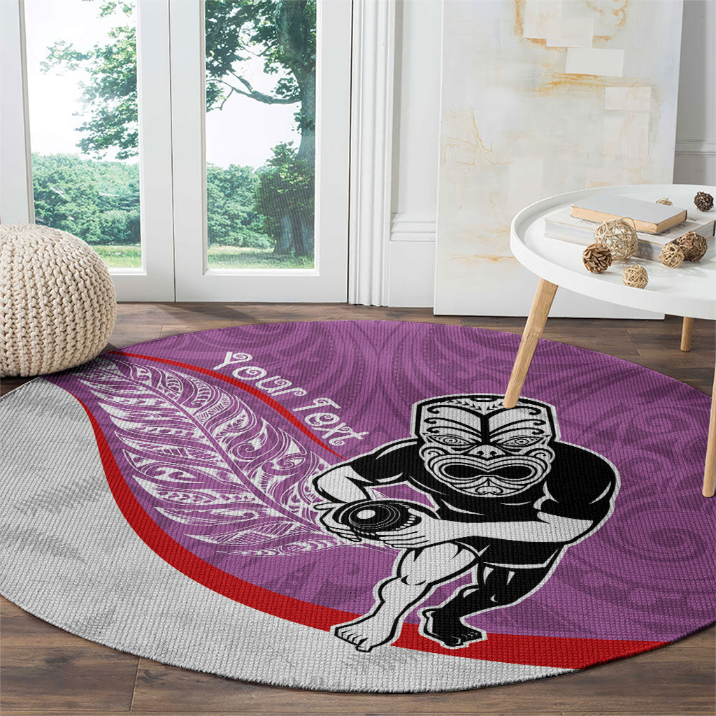 Personalised Aotearoa Lawn Bowls Round Carpet Maori Warrior and Silver Fern Sporty Style Pink