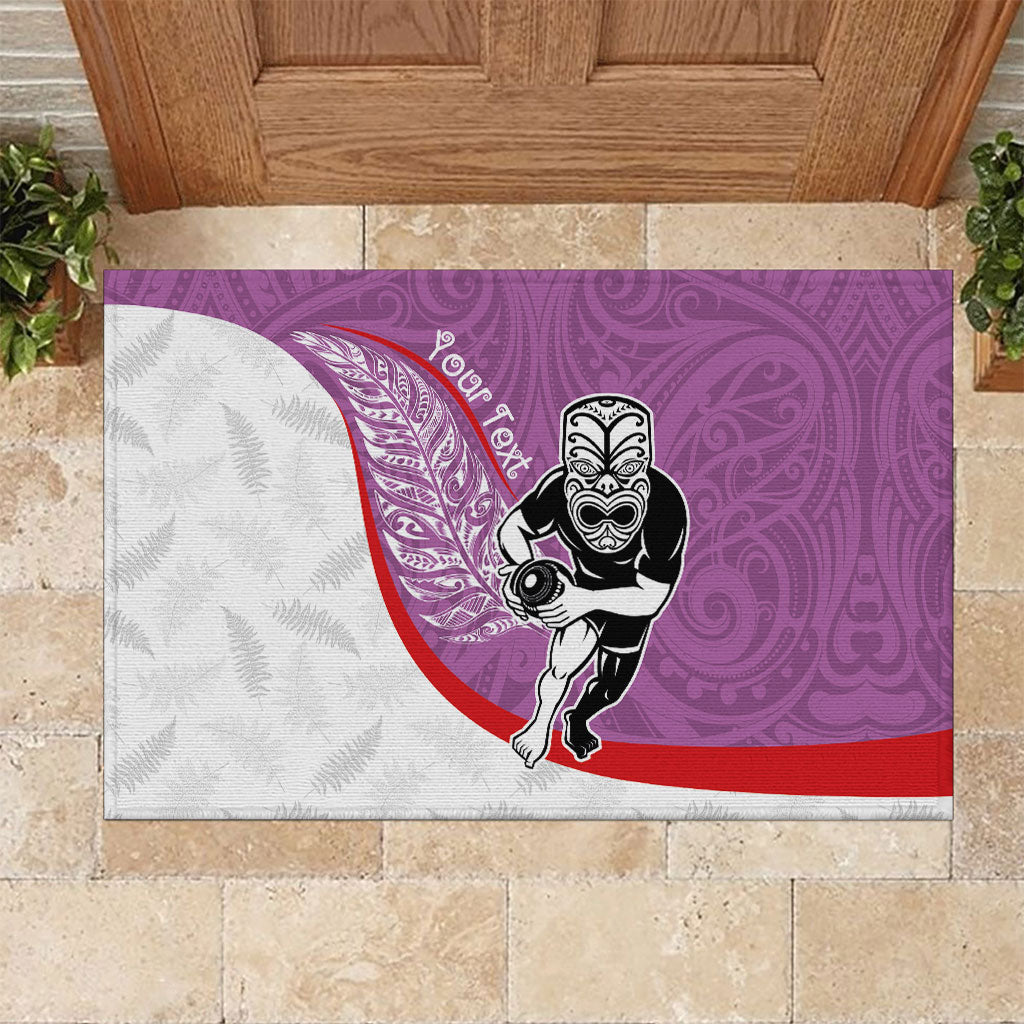Personalised Aotearoa Lawn Bowls Rubber Doormat Maori Warrior and Silver Fern Sporty Style Pink