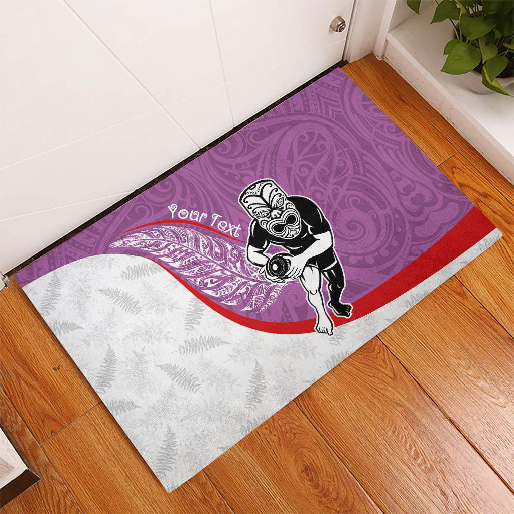 Personalised Aotearoa Lawn Bowls Rubber Doormat Maori Warrior and Silver Fern Sporty Style Pink