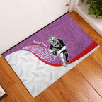 Personalised Aotearoa Lawn Bowls Rubber Doormat Maori Warrior and Silver Fern Sporty Style Pink