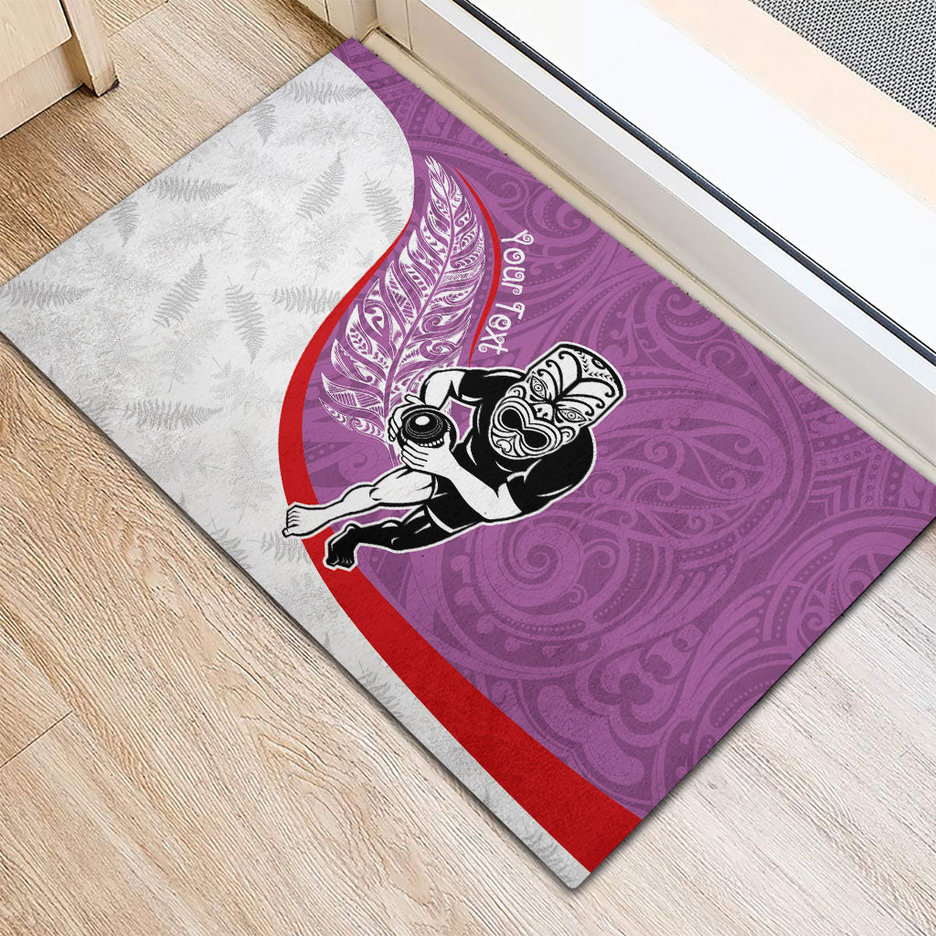 Personalised Aotearoa Lawn Bowls Rubber Doormat Maori Warrior and Silver Fern Sporty Style Pink