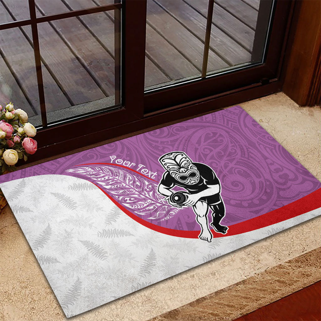 Personalised Aotearoa Lawn Bowls Rubber Doormat Maori Warrior and Silver Fern Sporty Style Pink