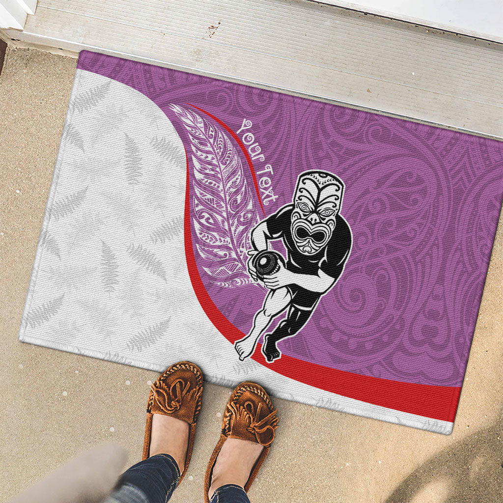 Personalised Aotearoa Lawn Bowls Rubber Doormat Maori Warrior and Silver Fern Sporty Style Pink