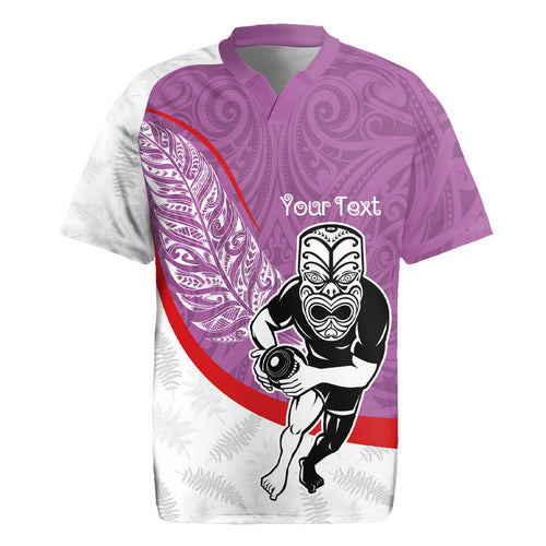Personalised Aotearoa Lawn Bowls Rugby Jersey Maori Warrior and Silver Fern Sporty Style Pink