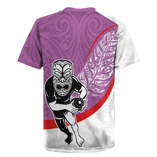 Personalised Aotearoa Lawn Bowls Rugby Jersey Maori Warrior and Silver Fern Sporty Style Pink