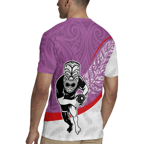 Personalised Aotearoa Lawn Bowls Rugby Jersey Maori Warrior and Silver Fern Sporty Style Pink